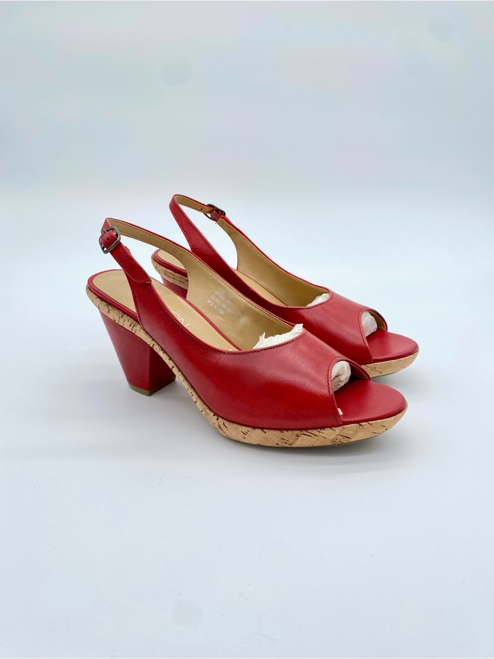Vintage Red Leather Peep-Toe Slingback Wedge Sandals